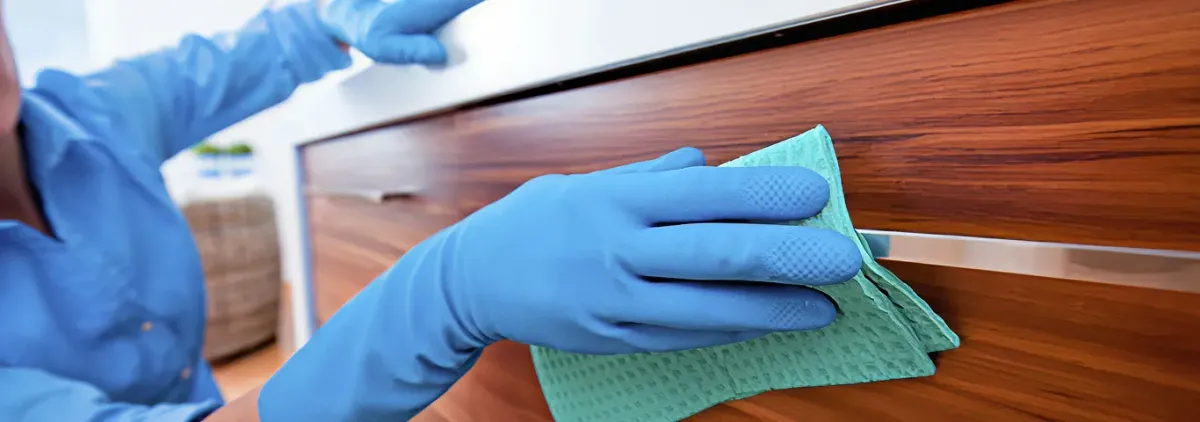 Cleaner wearing blue gloves wiping a wooden cabinet drawer with a microfiber cloth for dust and grime removal, Bradenton, FL.